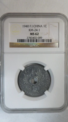 French Indochina Vietnam 1 Cent Zinc, 1940, KM- 24.1 / Round on Cap, NGC MS 62