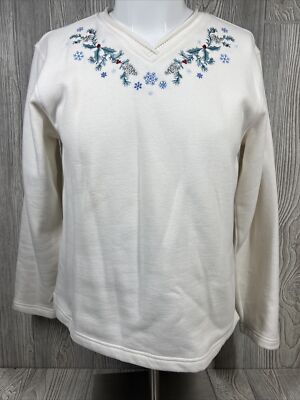 Classic Elements Ivory Christmas Embroidered Soft Sweater Womens SZ S (6-8)
