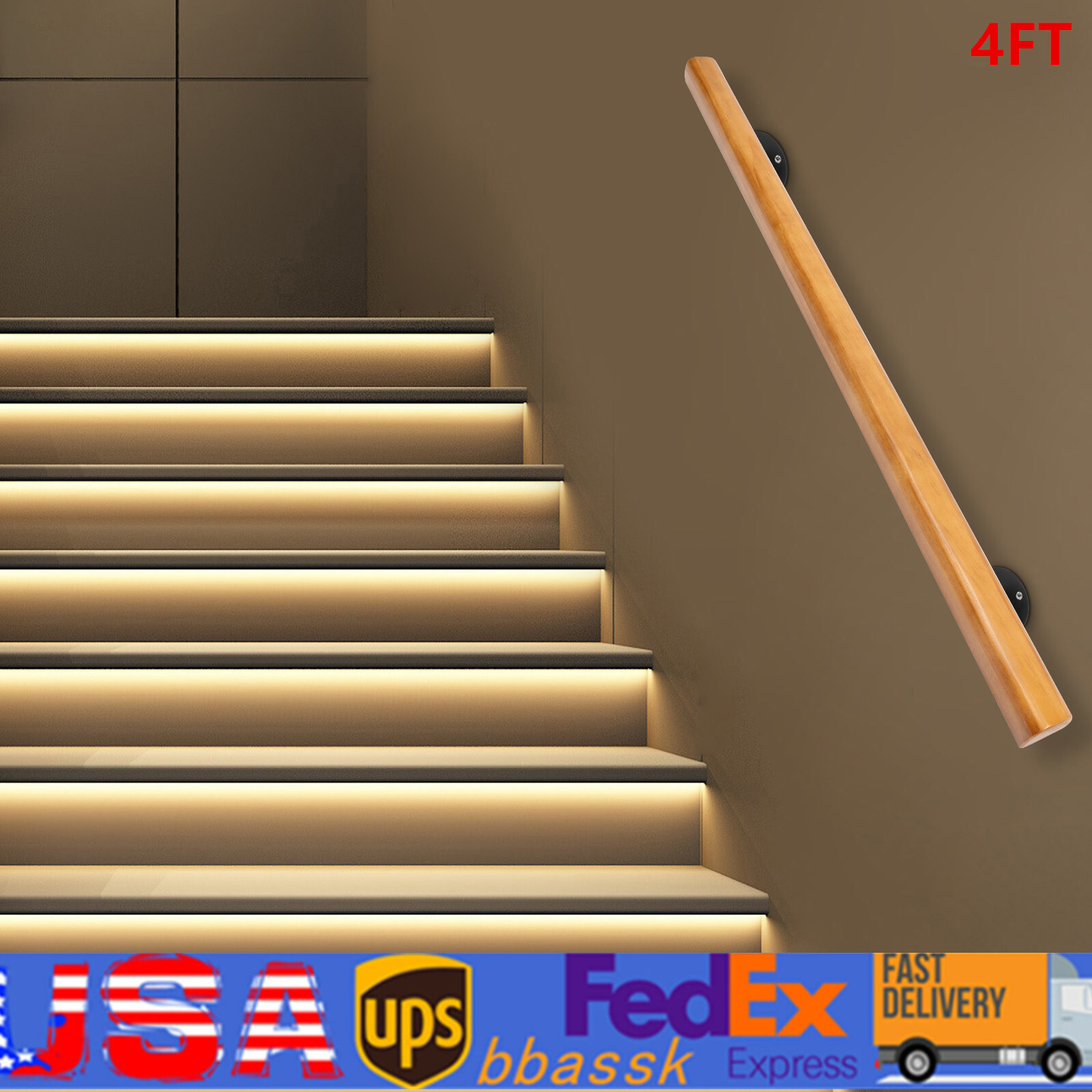 4FT Wall-Mounted Stair Handrail for Indoor Steps and Safety