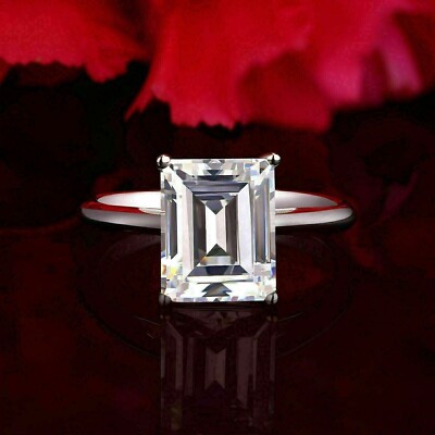 3Ct Emerald-Cut VVS1 Moissanite Solitaire Engagement Ring 14K White Gold Plated