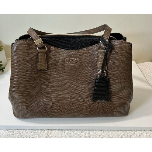 GUESS Satchel Purse Brown Lizard Embossed Faux Leather Top Handle Bag