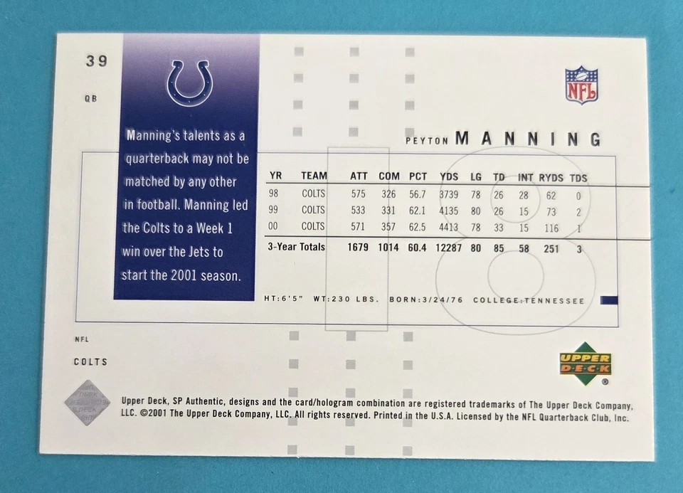 2001 SP Authentic #39 Peyton Manning Indianapolis Colts FOOTBALL Card G9 - Image 2 of 2