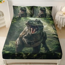 3D Realistic Dinosaur Fitted Sheet Set Twin XL Size, Tropical Wildlife Beddin...
