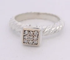 DAVID YURMAN 925 Silver 18K White Gold Diamond 7mm Square Cluster Ring 6 3/4