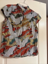 Citron Santa Monica Silk Mandarin Collar Blouse Crane Print