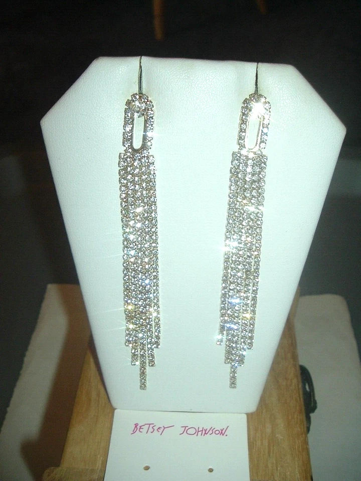 Pave CRYSTAL Open Posts LONG RHINESTONE CHAINS Betsey Johnson Pierced EARRINGS - Image 3 of 4