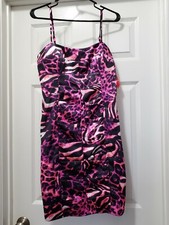 NWT NW Collections Juniors Black Fuchsia Cheetah Print Satin Prom Dress Sz M