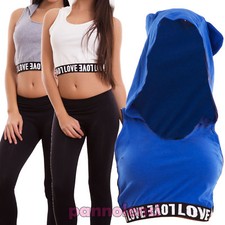 Top donna corto maglia fitness cappuccio orecchie sport sexy kawaii nuovo V3277