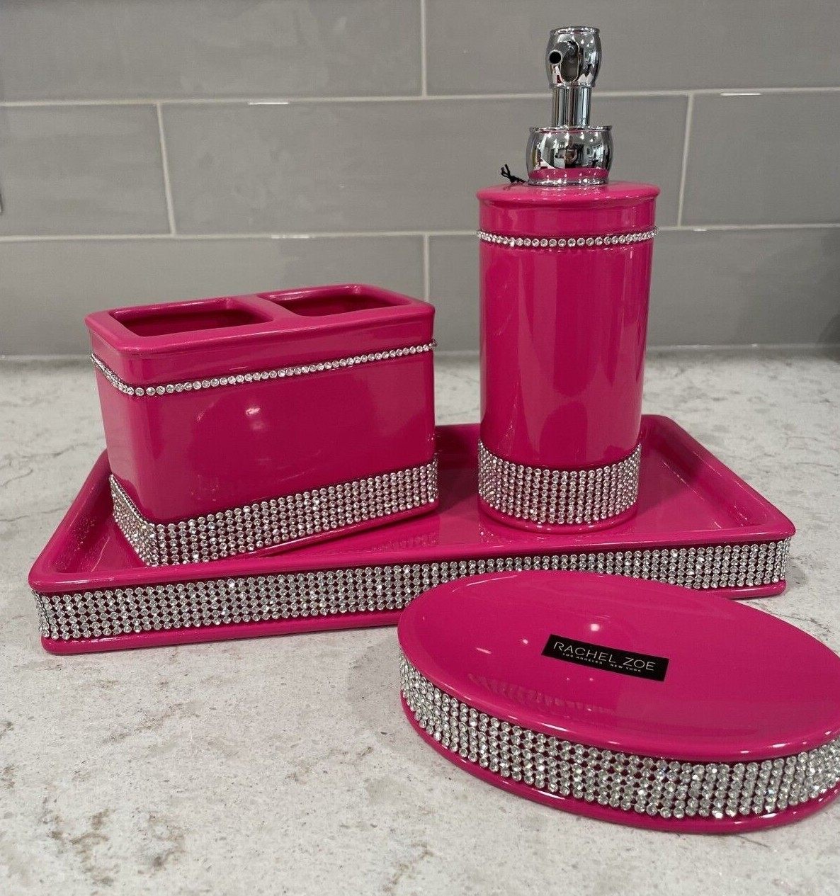 Pink Rhinestone Bathroom Accessories Rachel Zoe Tray Soap Dispenser