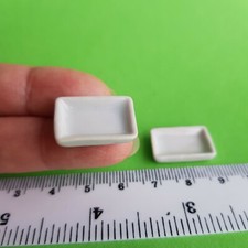 2 Miniature White Rectangular Plate Dish Ceramic Kitchen Stone Ware DollHous M09