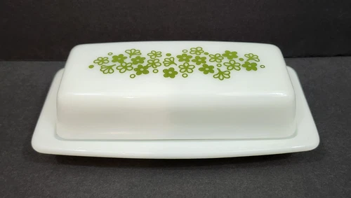 Vintage Pyrex Crazy Daisy Spring Blossom Butter Dish 2 Piece Green White Flowers