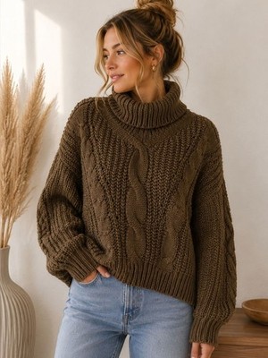 Umgee Chunky Cable Knit Turtleneck Sweater Brown Oversized Large