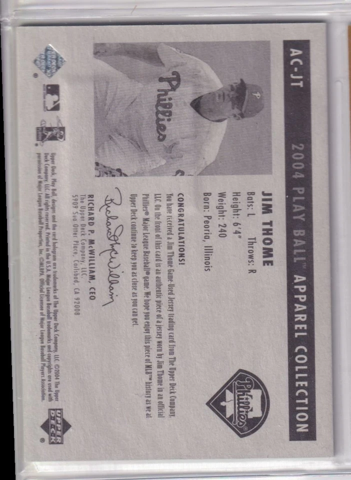 2004 Upper Deck Play Ball #AC-JT Jim Thome Apparel Collection - Image 2 of 2
