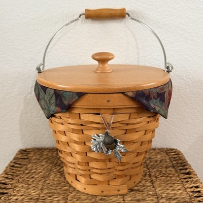 Longaberger Classic Autumn Fall Pail Basket Leaves Liner Protector Acorn & Lid