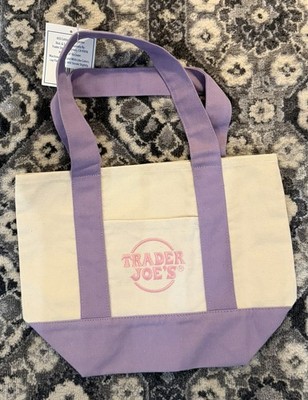 Trader Joe's Reusable Foldable Shopping Bag Purple Beige Cotton Polyester