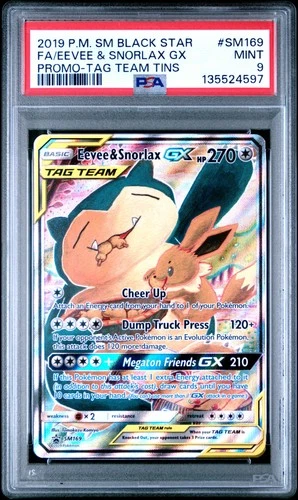 2019 POKEMON SM BLACK STAR PROMO TAG TEAM TINS FULL ART/EEVEE & SNORLAX GX PSA 9