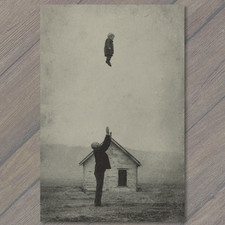 ART CARD Man Tossing Baby High Above Old Rural House Country Farm Surreal