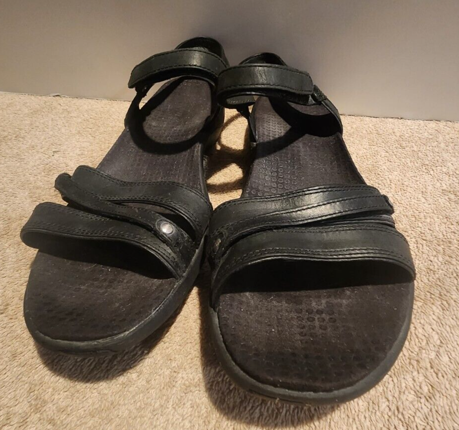 Sandali neri Merrell da donna 38 taglia 7 in pelle cinturini infradito scarpe regolabili