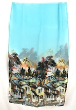 Oblong Rectangle Polyester Chiffon Sheer Shawl Scarf Blue Brown Mountain 58 x 19