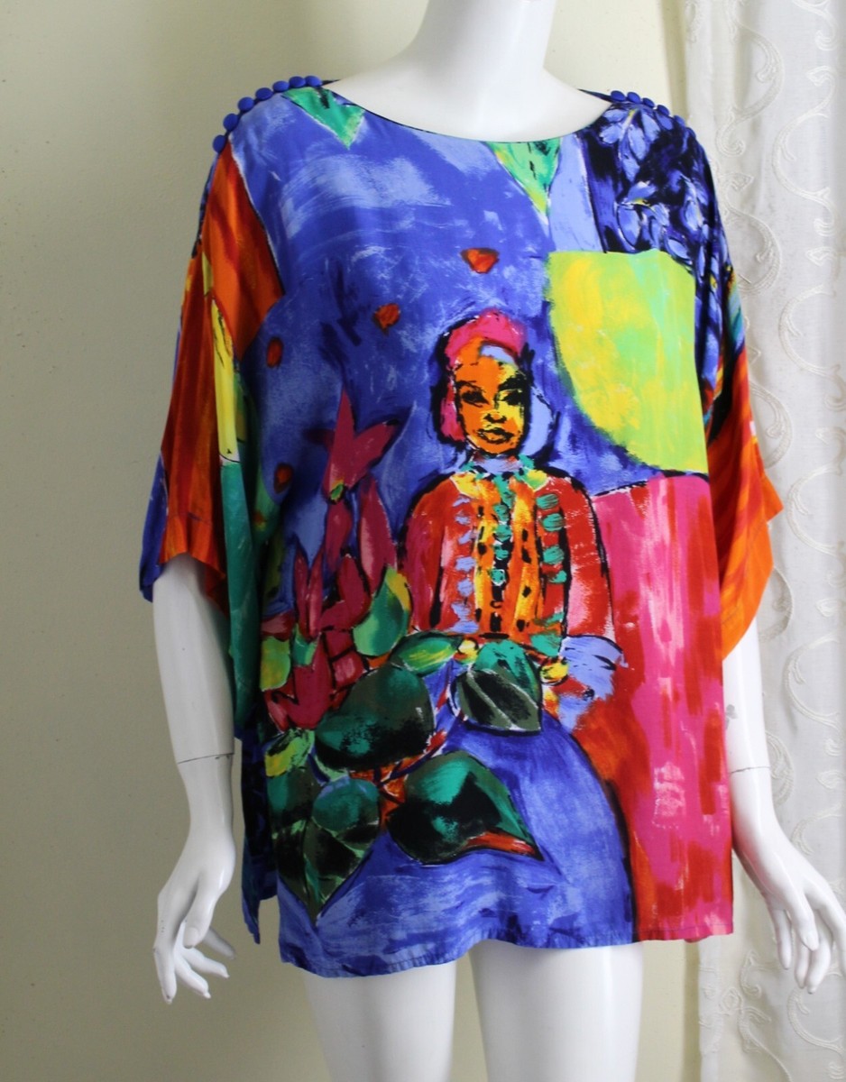 Gottex Sz L Art-to-Wear Wild Rayon Faces Portraits Funky Blouse Tunic Shirt Top 
