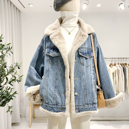 Fleece Denim Jacket Women Fur Coat Woman Casual Button Single