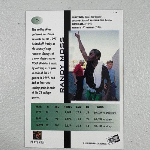1998 Press Pass RANDY MOSS #5 RC Rookie Card Minnesota Vikings HOF - Picture 2 of 3