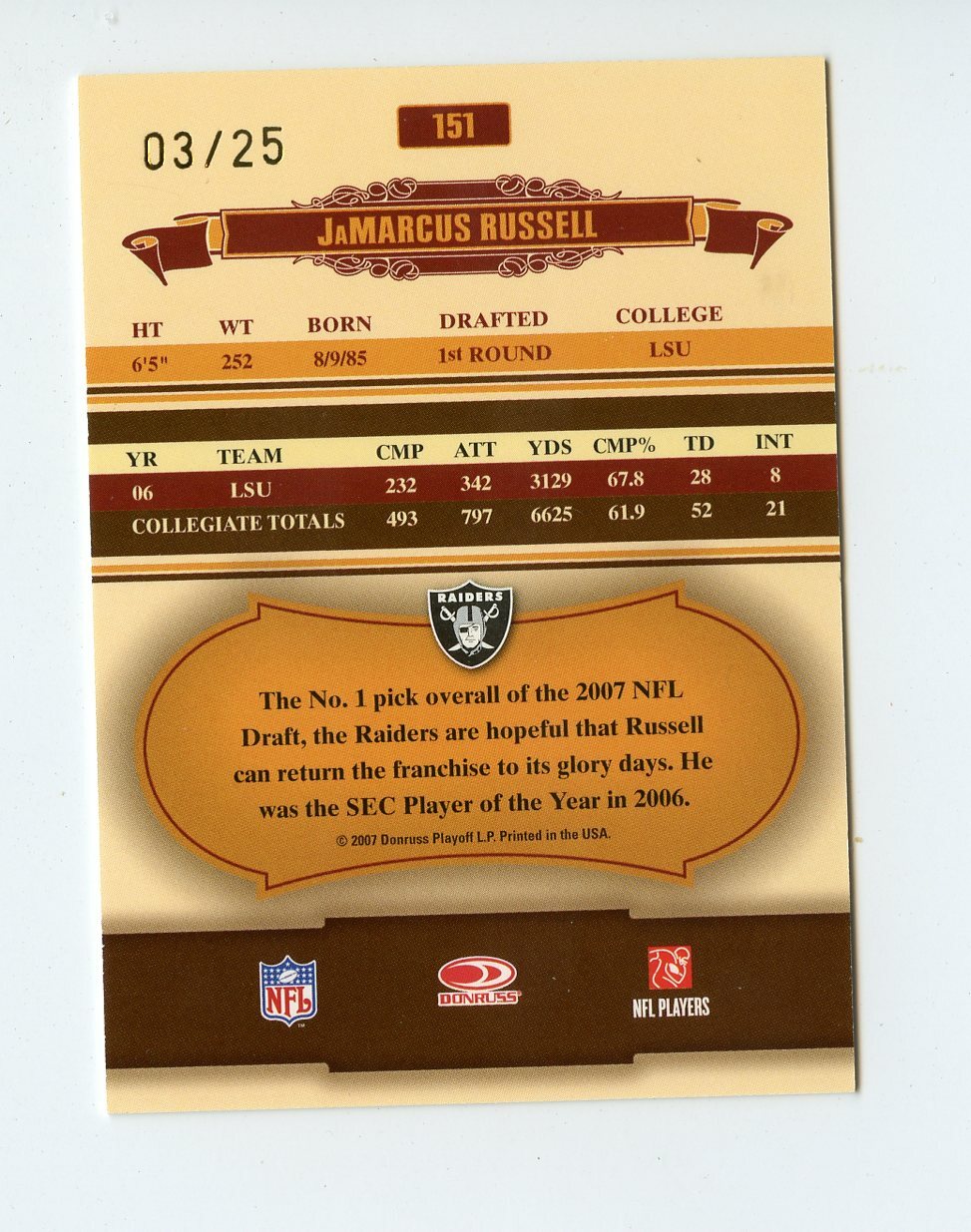 FILA E141 JAMARCUS RUSSELL RC 2007 CLASSICS 3 25 #151 RAIDERS ROOKIE LSU