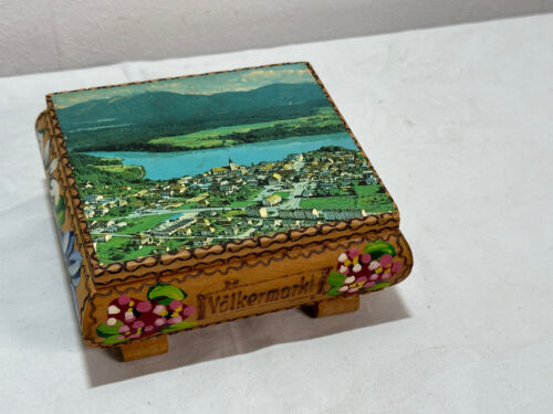 Old Wooden Box Andeken Holiday Völkermarkt Austria Jewellery Ring - Bild 1 von 7