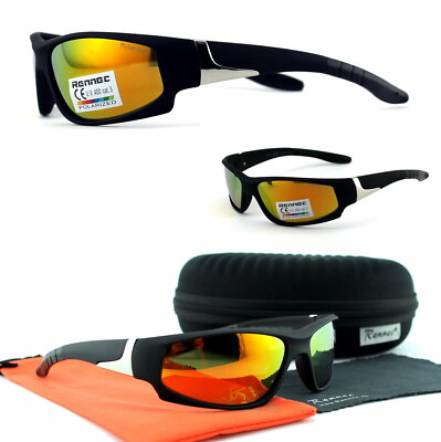 Herren Sonnenbrille Polarisiert Sportbrille Angelbrille Orange Verspiegelt 55BX