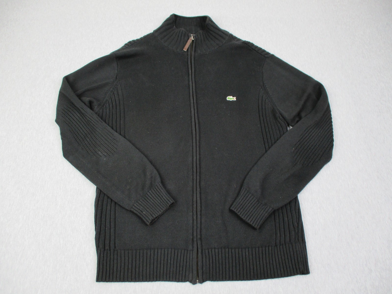 Lacoste Men's Medium Black Zip Up Crocodile Logo Ribbed Knit Sweater | Casual Layered