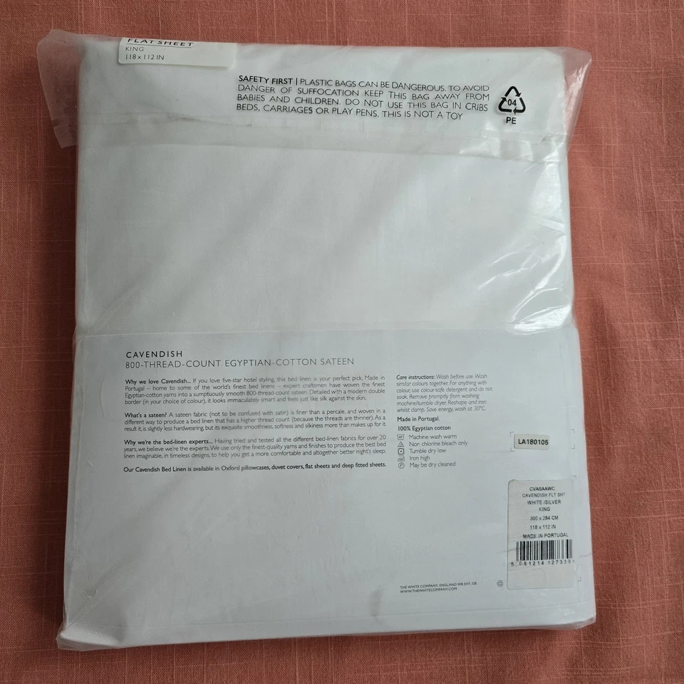 The White Company Cavendish Super King Flat Sheet – £190 - 800TC - White/Grey - Image 4 of 4