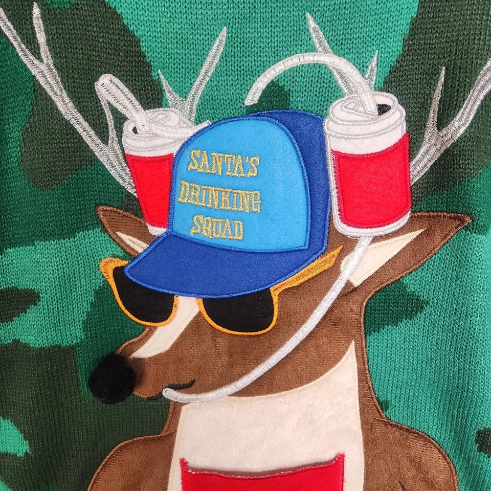 Blizzard Bay Ugly Christmas Sweater Beer Pocket Holder Deer Camo Men's Size M - Image 4 of 4
