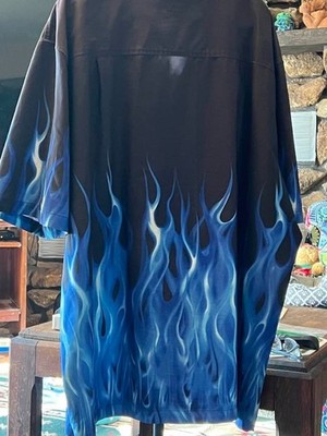 4X New Polyester Button Down Shirt - Blue Flames  Drastic Reduction, Free Ship