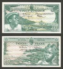 1959 Belgian Congo and Ruanda-Urundi Central Bank 20 Francs Banknote Choice XF+