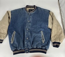 Vintage Denim Varsity Jacket Mens XL North Bay Snap Button Stadium Bomber 90s