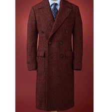 Vintage Men's Long Overcoat Herringbone Double Breasted Peak Lapel Outdoor Coat
