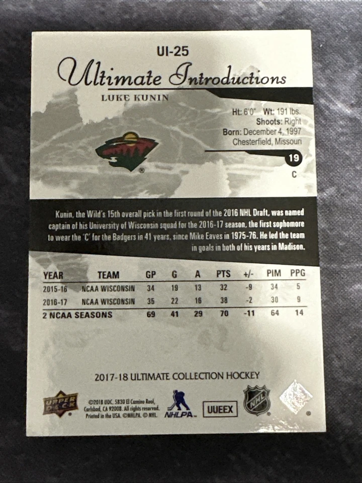 2017-18 Ultimate Collection Ultimate Introductions UI-25 Luke Kunin Minnesota - Image 2 of 2