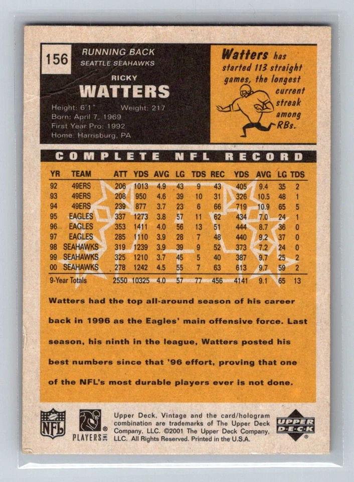 2001 Upper Deck Vintage #156 Ricky Watters Seattle Seahawks Football Card - Image 2 of 2