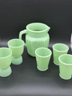 Anchor Hocking Fire King Jadeite Green Glass Creamer & Cup Set Floral 6pc VTG