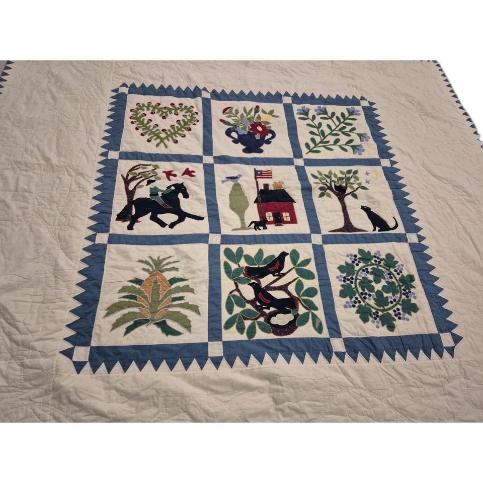 Edredón apliques 88" por 98" caballos árboles frutales aves flores ÚNICO EN SU CLASE Foto 2 de 4