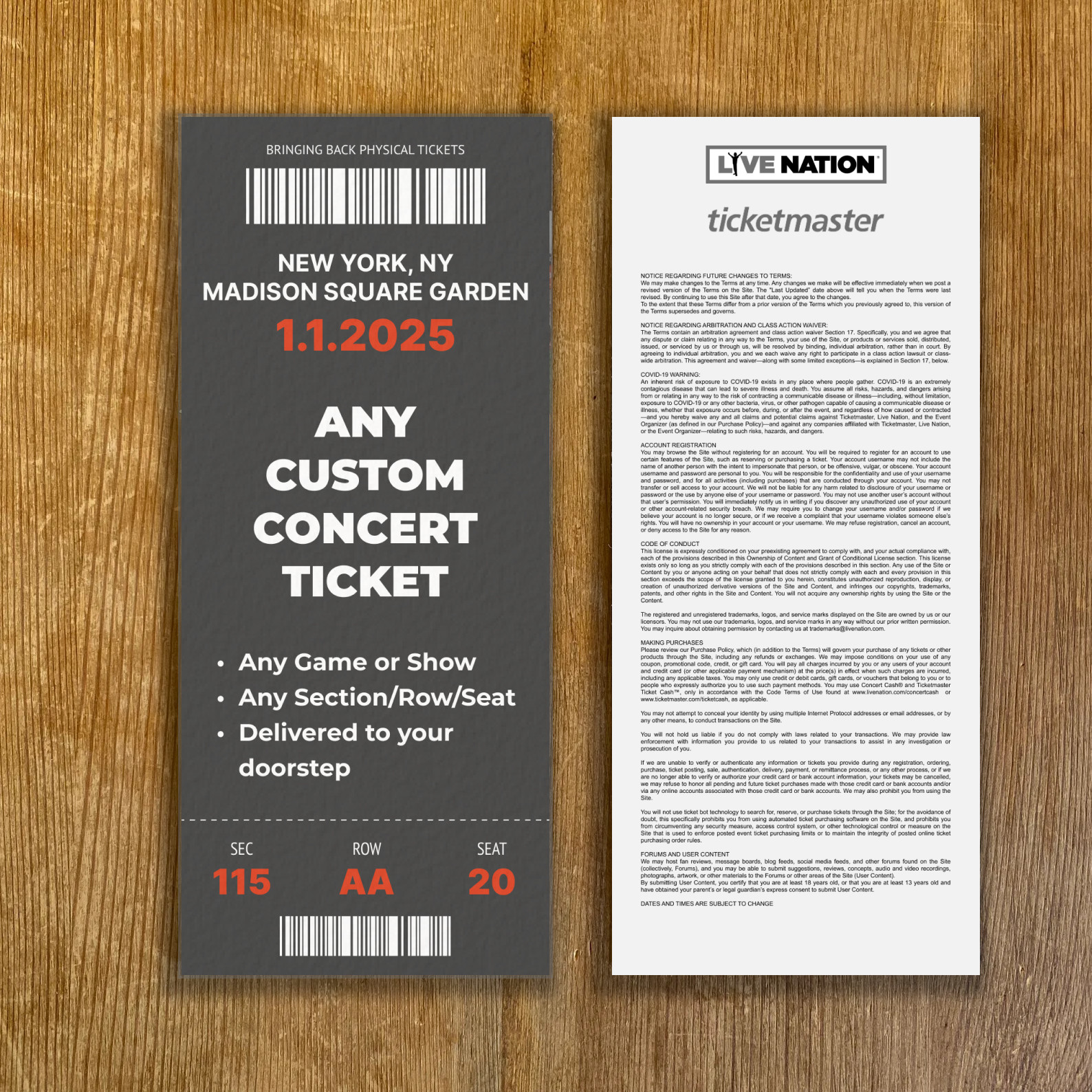 Custom concert ticket stub – any artist, tour, date, seat – personalized gift