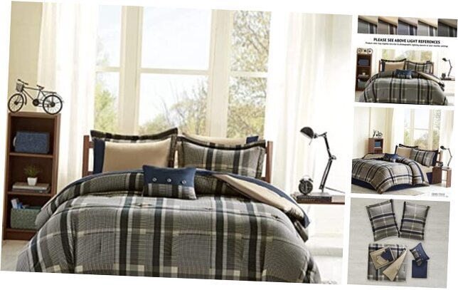 Robbie Cozy Comforter Set Bed in A Bag, Full Navy/Tan Comforter W/ Sheet Set