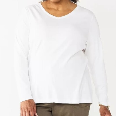 Croft & Barrow Long Sleeve Knit Top - 100% Cotton - V Neck  - WHITE -  3X