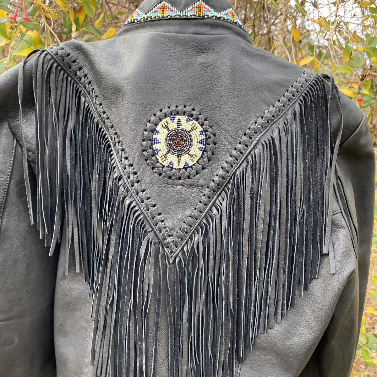 Vintage Sunriders Genuine Leather Fringe Beaded Native American 
