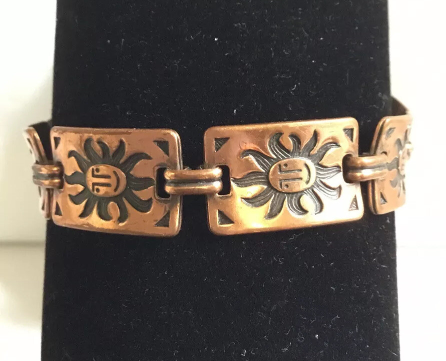 Solid Copper Bracelet Rectangle Happy Sun Face Li… - image 2