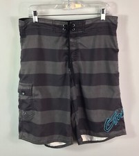 O Neill Board Shorts Mens 34 Black Gray Striped Swim Trunk Surfing Drawstring