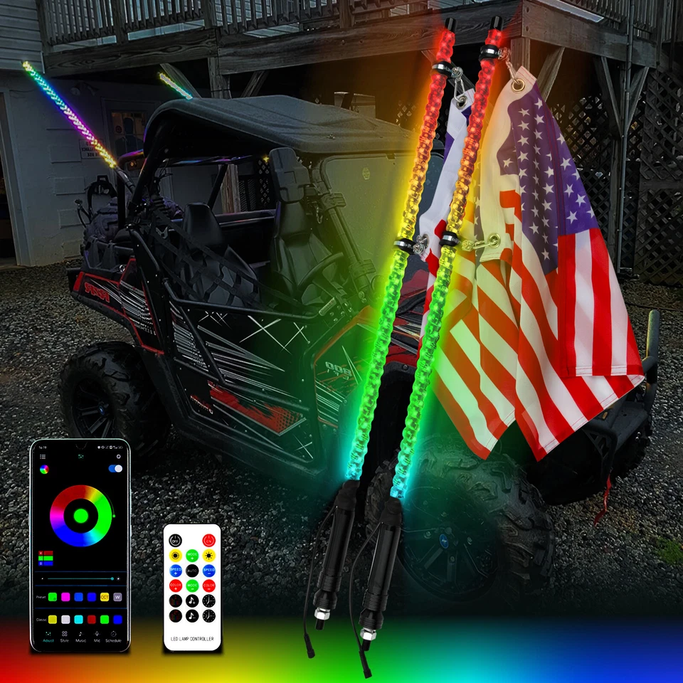 Pair 2FT RGB Spiral LED Whip Light Antenna W/Flag For Jeep Gladiator Wrangler JK - Image 3 of 4