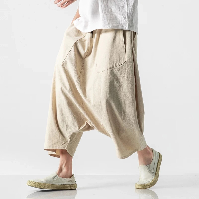 Vintage Men Casual Loose Cotton Linen Wide Leg Waist Trousers