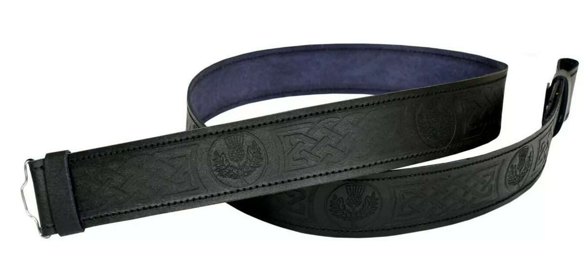 Real Black Leather Kilt Belt Thistle Embossed Scottish Belts Buckle M 32