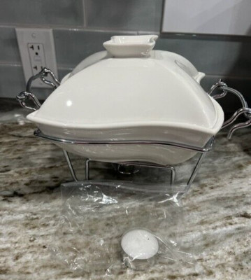 Godinger Silver Art White Wave Style Ceramic Baking Dish w/Wire Chafing Rack